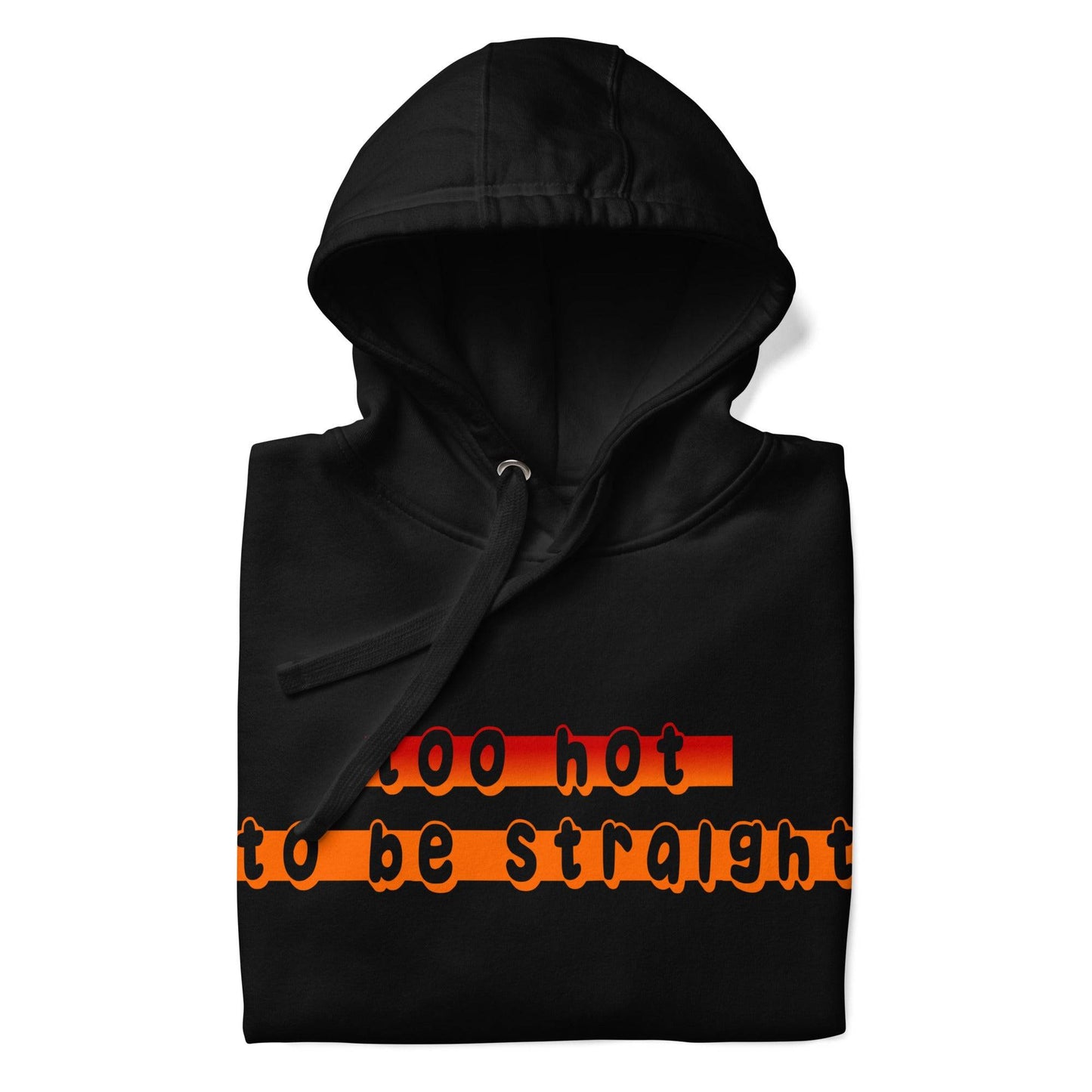 Pridelity's "Too Hot To Be Straight" hoodie is a black garment featuring a front pocket and the phrase in bold, colorful letters across the chest, part of their pride collection celebrating the LGBTQ+ community.