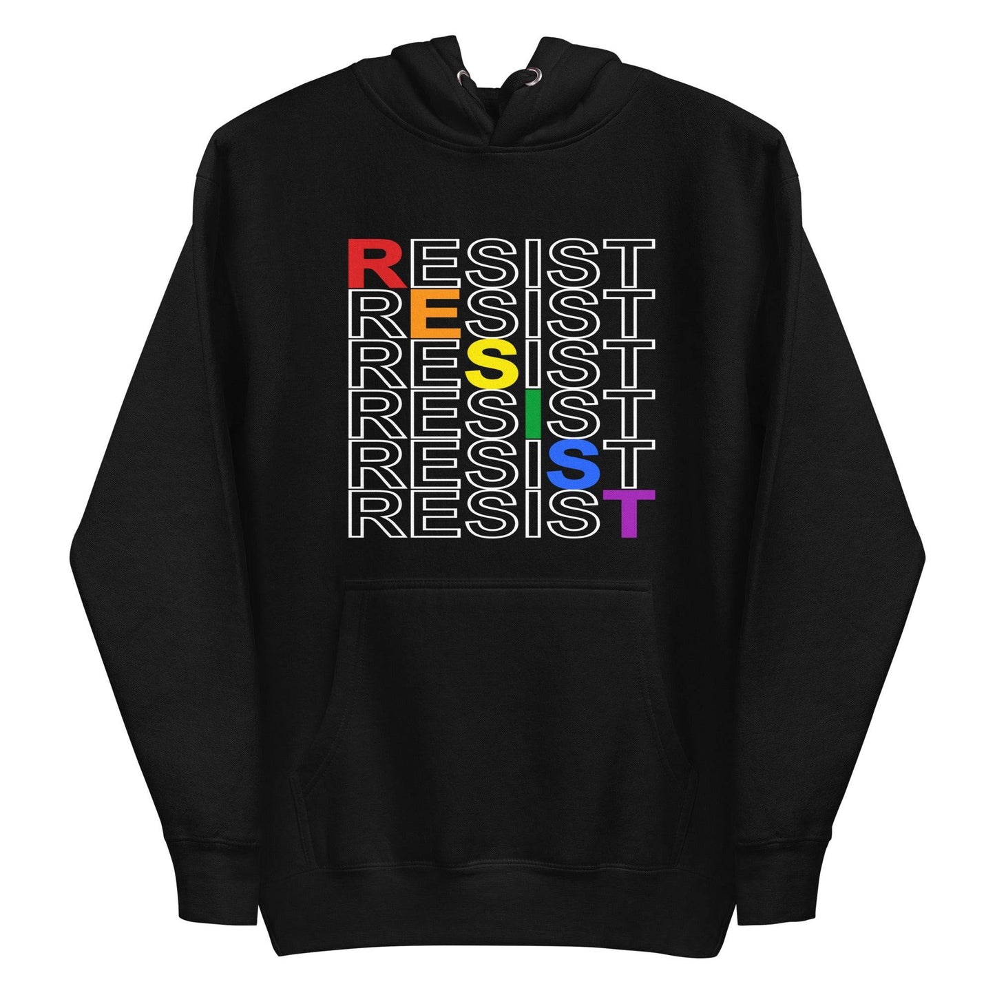Pridelity's Resist Hoodie from the pride collection is black and showcases the word "RESIST" in white, repeated with a slight shift. Each letter in "RESIST" is adorned in vibrant LGBTQ+ colors: red, orange, yellow, green, blue, and purple.