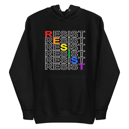 Pridelity's Resist Hoodie from the pride collection is black and showcases the word "RESIST" in white, repeated with a slight shift. Each letter in "RESIST" is adorned in vibrant LGBTQ+ colors: red, orange, yellow, green, blue, and purple.