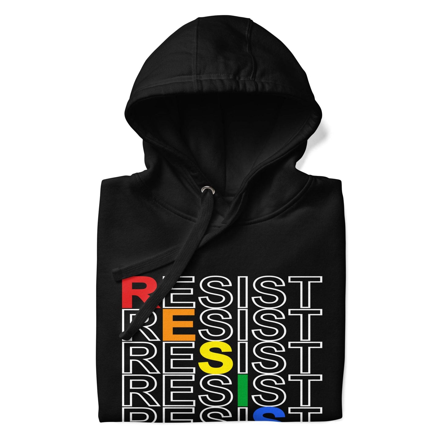 Pridelity's Resist Hoodie from the pride collection is black and showcases the word "RESIST" in white, repeated with a slight shift. Each letter in "RESIST" is adorned in vibrant LGBTQ+ colors: red, orange, yellow, green, blue, and purple.