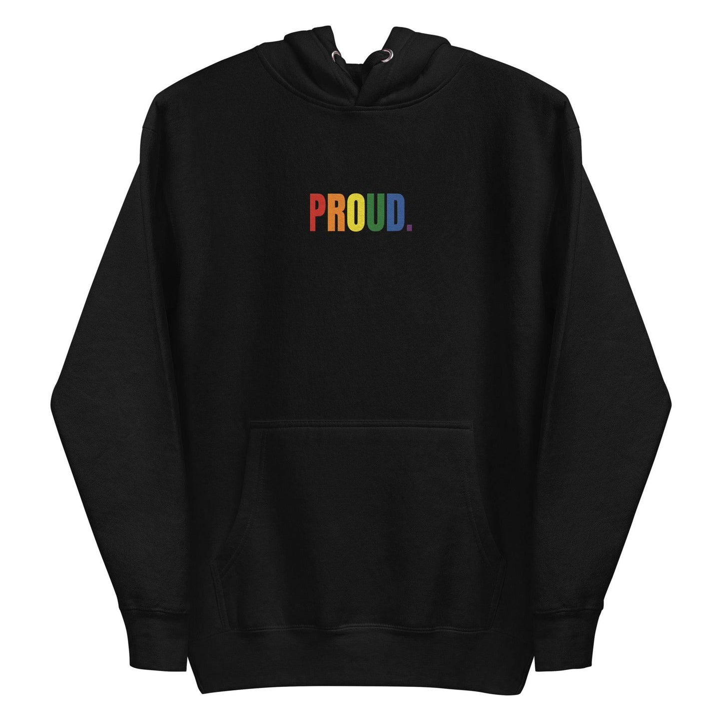 The Proud Hoodie by Pridelity is a white hoodie featuring "PROUD." in vibrant rainbow colors on the front, capturing the essence of pride shirts. It includes a convenient front pocket and an adjustable drawstring hood.