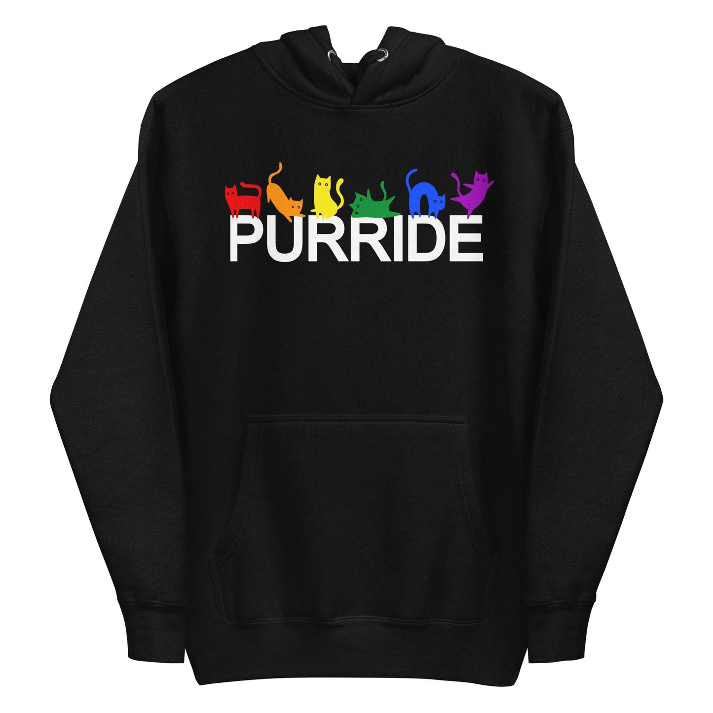 The Purride Hoodie by Pridelity is a standout among pride shirts, featuring the word "PURRIDE" in white. Above it, vibrant silhouettes of cats in rainbow colors strike various poses, celebrating pride with style and charm on a sleek black background.