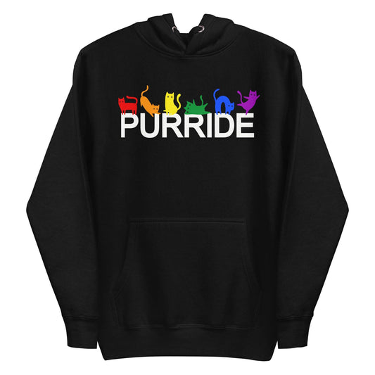 The Purride Hoodie by Pridelity is a standout among pride shirts, featuring the word "PURRIDE" in white. Above it, vibrant silhouettes of cats in rainbow colors strike various poses, celebrating pride with style and charm on a sleek black background.