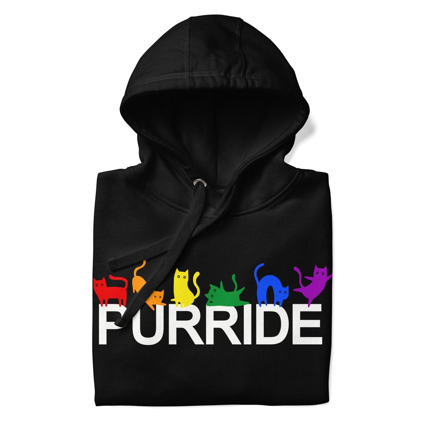 The Purride Hoodie by Pridelity is a standout among pride shirts, featuring the word "PURRIDE" in white. Above it, vibrant silhouettes of cats in rainbow colors strike various poses, celebrating pride with style and charm on a sleek black background.