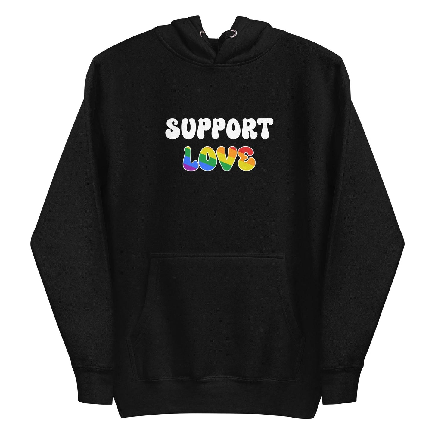 Introducing the "Support Love Hoodie" by Pridelity. This gray hoodie is from our Pride Collection and showcases "SUPPORT LOVE" prominently on the front, with "LOVE" displayed in vibrant rainbow colors. Complete with a front pocket and a drawstring hood, it's the perfect way to embrace inclusivity and show your support for the LGBTQ+ community.