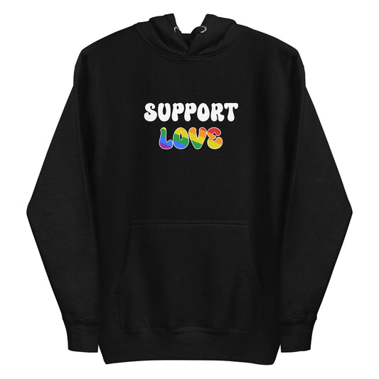 Introducing the "Support Love Hoodie" by Pridelity. This gray hoodie is from our Pride Collection and showcases "SUPPORT LOVE" prominently on the front, with "LOVE" displayed in vibrant rainbow colors. Complete with a front pocket and a drawstring hood, it's the perfect way to embrace inclusivity and show your support for the LGBTQ+ community.