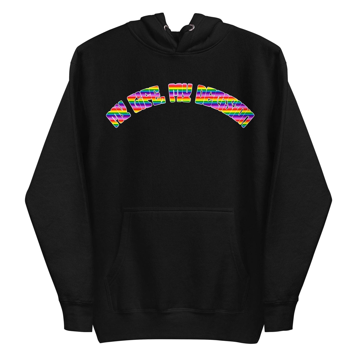 The My Life, My Decision Hoodie by Pridelity is a maroon pride hoodie showcasing "NEO HUMAN" elegantly arched across the chest in vibrant rainbow letters. It includes a front pocket and drawstrings at the hood.