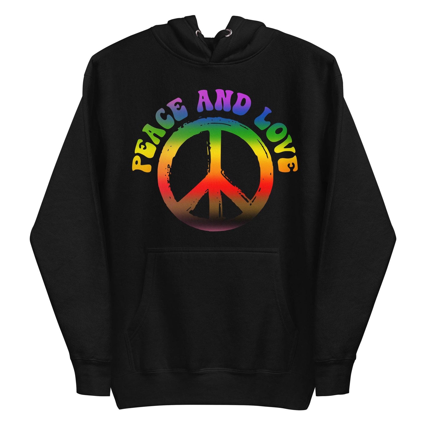 The Peace & Love Hoodie by Pridelity is a white hoodie adorned with a vibrant peace symbol and "Peace and Love" written in rainbow letters, capturing the essence of pride shirts.