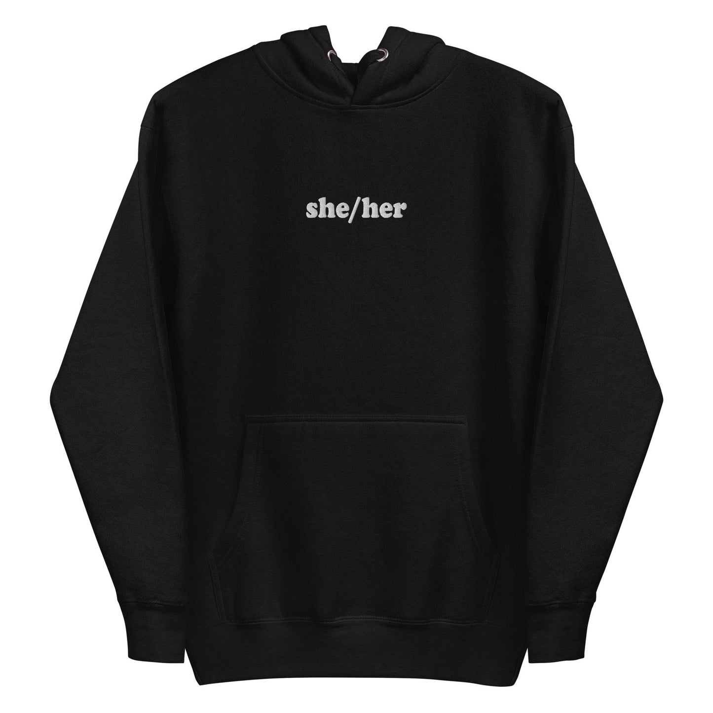 Introducing the She/Her Hoodie from Pridelity's pride collection, crafted in a maroon hue and adorned with "she/her" text in white on the chest. This hoodie features a front pocket and drawstrings at the hood, providing a straightforward and casual style ideal for promoting LGBTQ+ visibility.