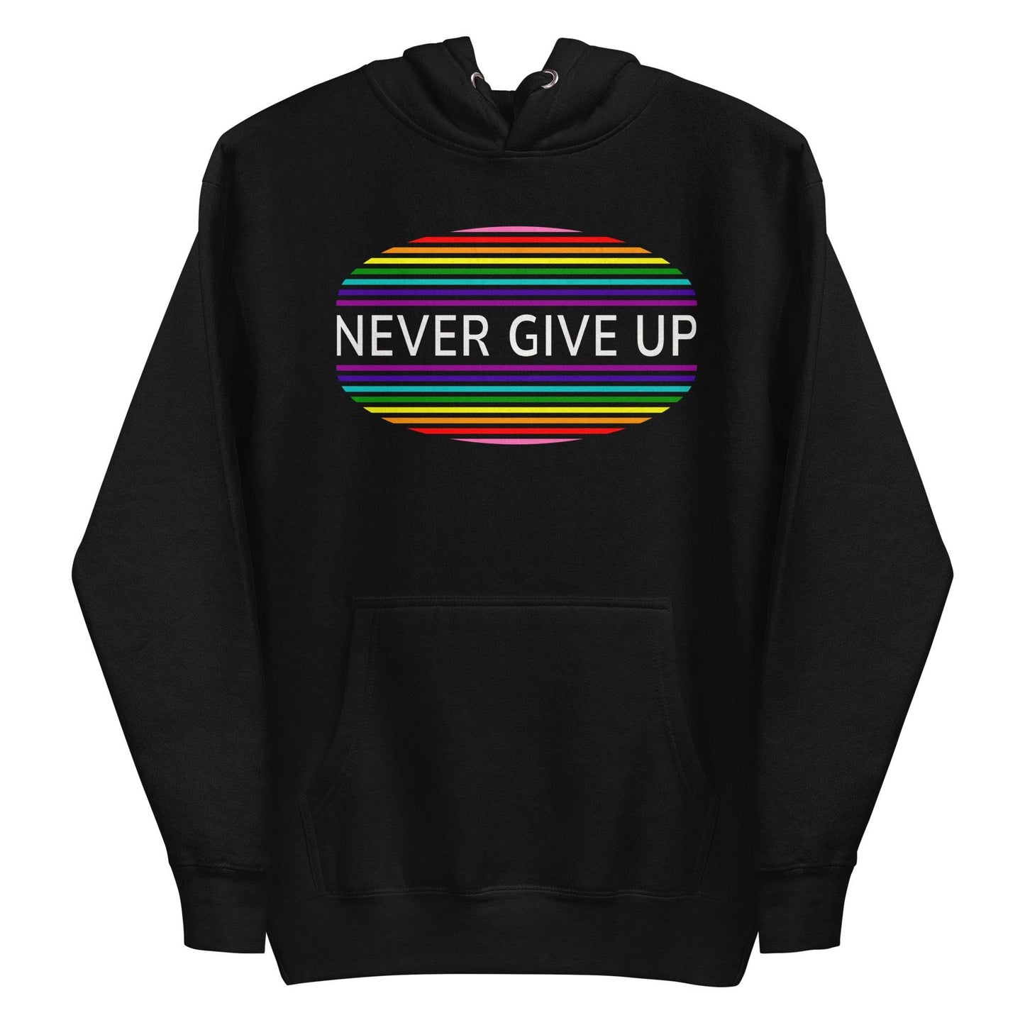 The Never Give Up Hoodie by Pridelity features a black design and showcases the inspiring message "Never Give Up" in white within a vibrant, striped oval on the chest, making it an ideal choice for those who appreciate resilience and take pride in their apparel.