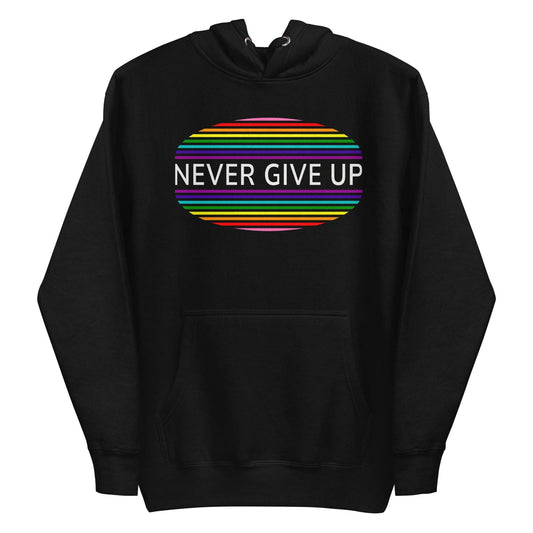 The Never Give Up Hoodie by Pridelity features a black design and showcases the inspiring message "Never Give Up" in white within a vibrant, striped oval on the chest, making it an ideal choice for those who appreciate resilience and take pride in their apparel.