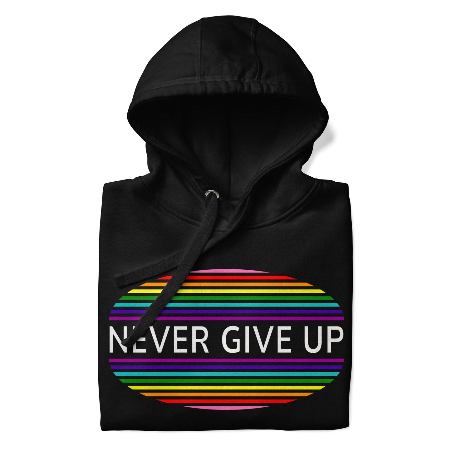 The Never Give Up Hoodie by Pridelity features a black design and showcases the inspiring message "Never Give Up" in white within a vibrant, striped oval on the chest, making it an ideal choice for those who appreciate resilience and take pride in their apparel.
