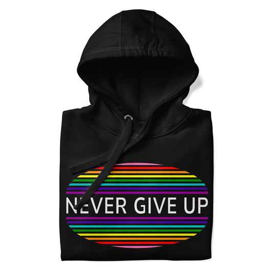 The Never Give Up Hoodie by Pridelity features a black design and showcases the inspiring message "Never Give Up" in white within a vibrant, striped oval on the chest, making it an ideal choice for those who appreciate resilience and take pride in their apparel.