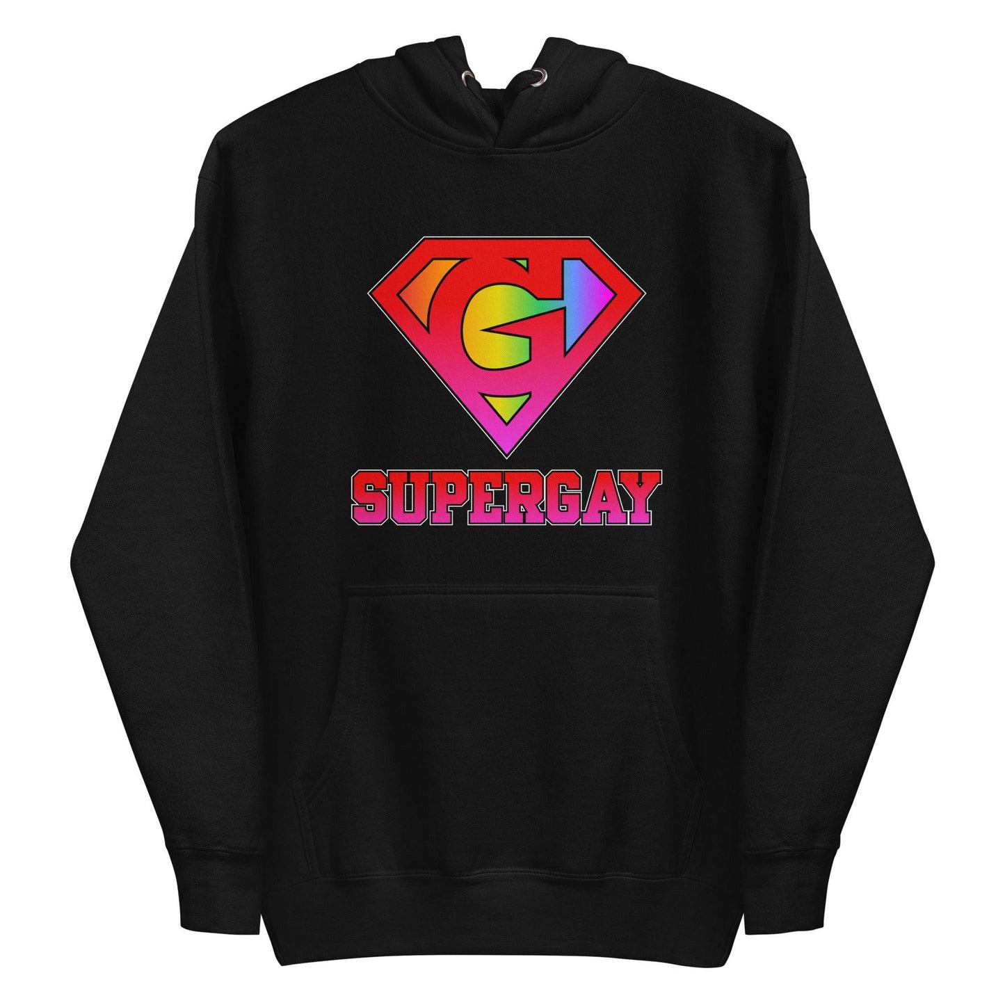 Explore the SuperGay Hoodie by Pridelity, part of our pride collection. This white hoodie features a rainbow-colored "S" shield design reminiscent of a superhero logo, with bold pink letters spelling out "SUPERGAY" below, celebrating LGBTQ+ pride in vibrant style.