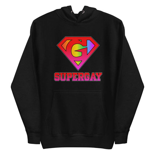 Explore the SuperGay Hoodie by Pridelity, part of our pride collection. This white hoodie features a rainbow-colored "S" shield design reminiscent of a superhero logo, with bold pink letters spelling out "SUPERGAY" below, celebrating LGBTQ+ pride in vibrant style.
