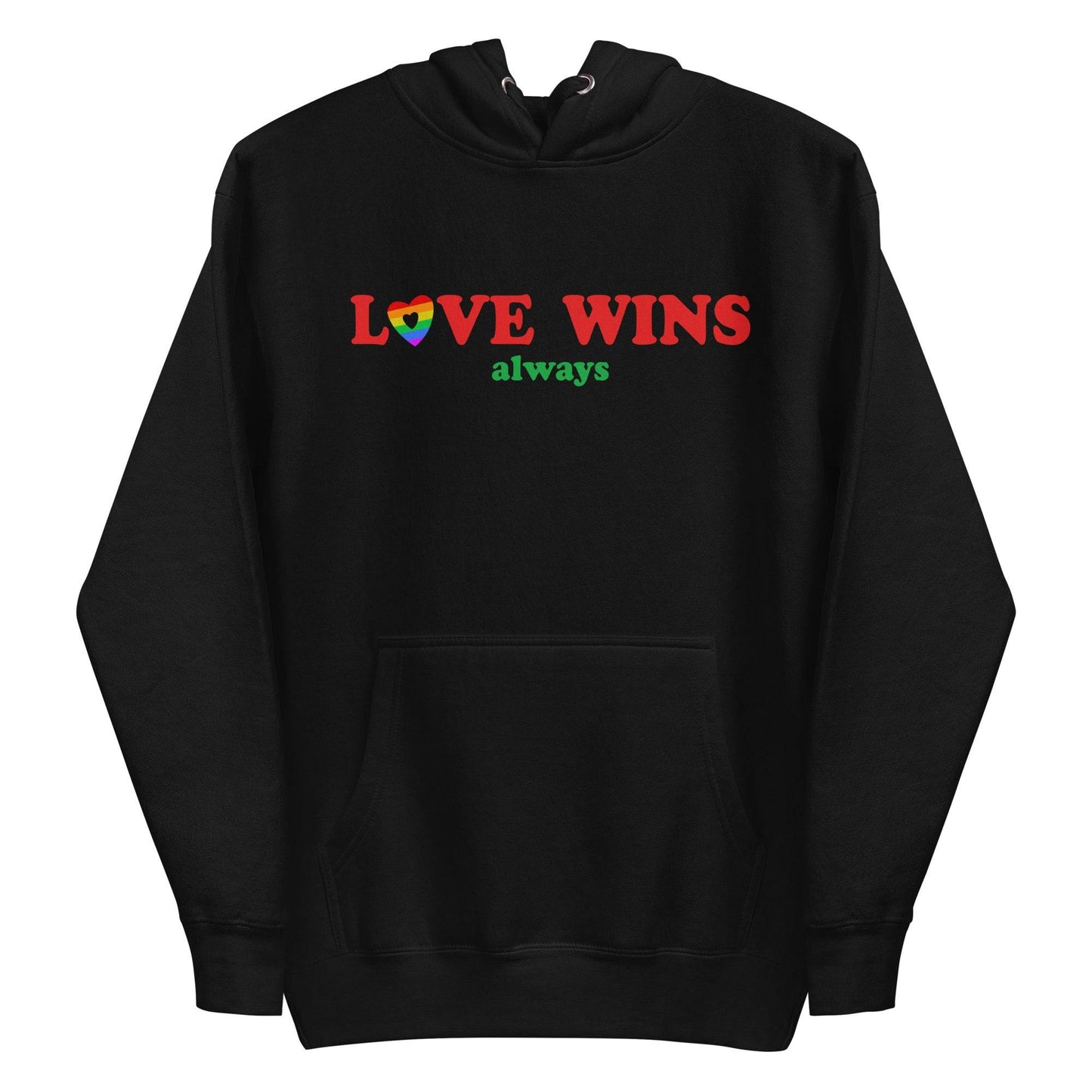 Introducing the Love Wins, Always Hoodie by Pridelity in Team Royal. This cozy garment is perfect for proudly expressing yourself, featuring the phrase "LOVE WINS always" with charming rainbow-colored "O" and "S." Complete with a front pocket and adjustable drawstrings, it offers both comfort and style.