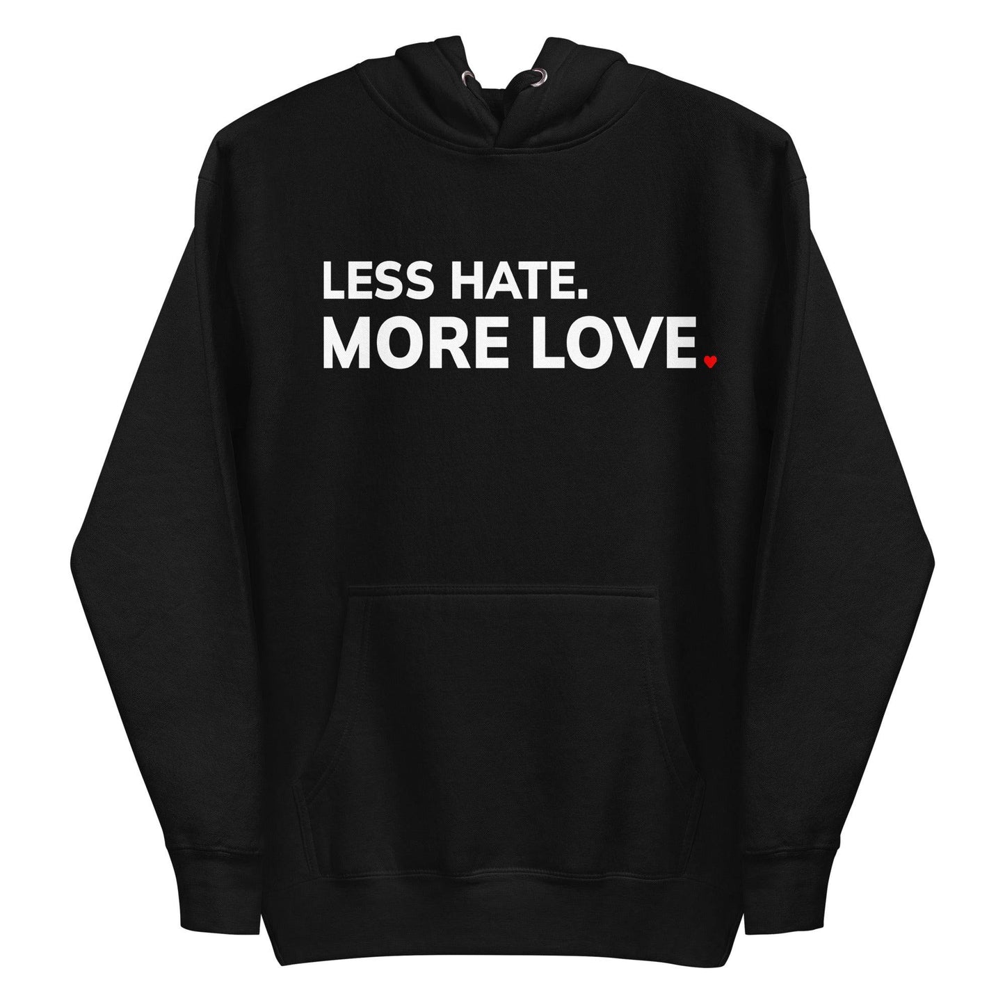 Carbon grey hoodie from Pridelity, named "Less Hate, More Love Hoodie," featuring the phrase "LESS HATE. MORE LOVE" in white capital letters on the front with a small red heart after the word "LOVE," capturing the essence of pride shirts.