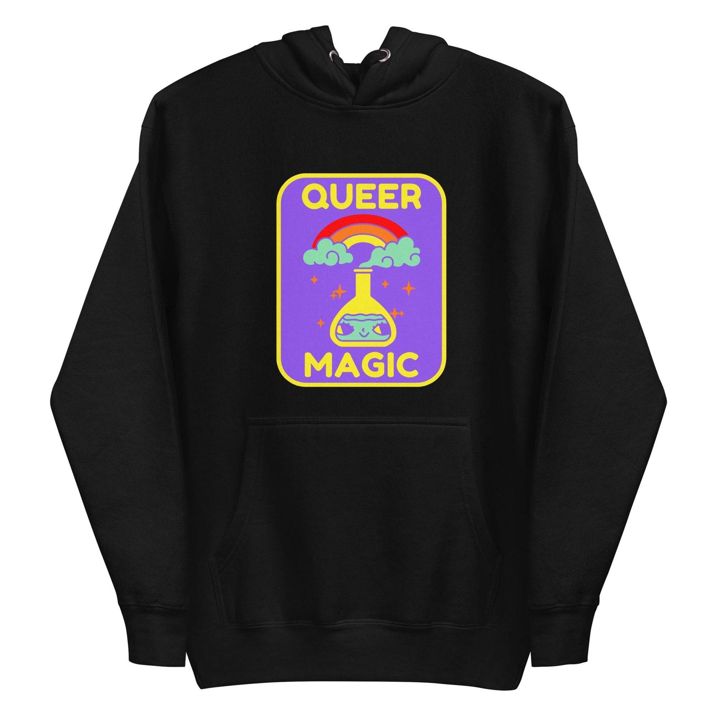 Introducing the "Queer Magic Hoodie" by Pridelity, a stylish piece from our pride collection. This purple hoodie features a vibrant design of a potion bottle with a smiling face, set amidst clouds and a rainbow. The phrase "Queer Magic" is elegantly printed above and below the illustration, celebrating LGBTQ+ spirit with flair.