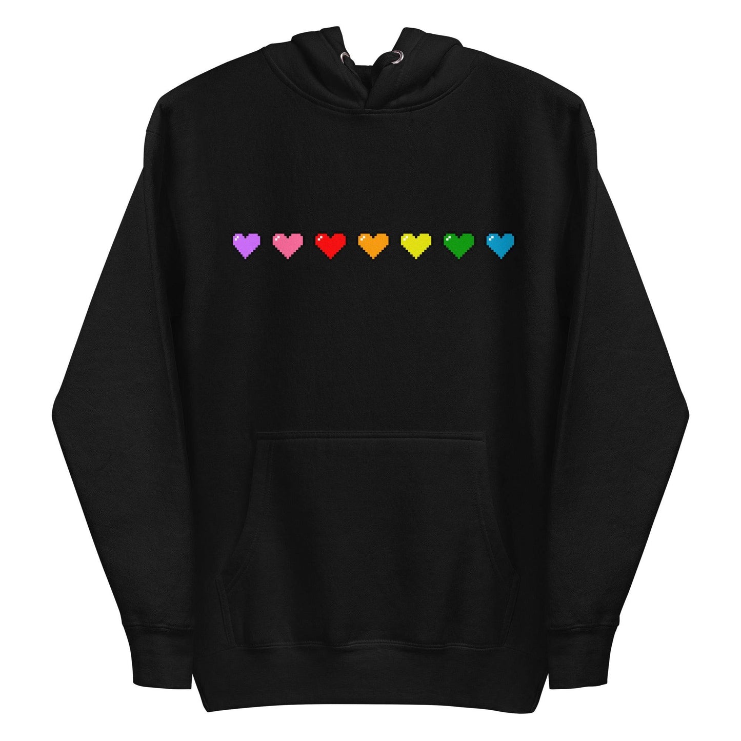 Introducing the Pixel Hearts Hoodie by Pridelity: This white hoodie showcases a row of pixelated hearts in vibrant rainbow colors—purple, pink, red, orange, yellow, green, and blue—across the chest, capturing the lively essence of pride shirts. It is designed with a convenient front pocket and a drawstring hood for added style and comfort.