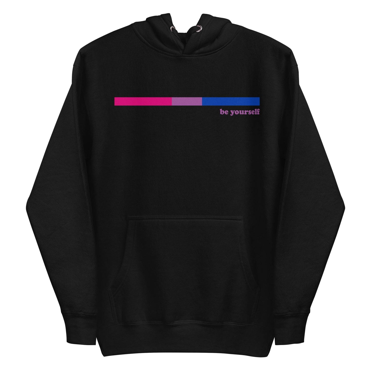 The Bisexual Hoodie by Pridelity features a minimalist design on a black background, showcasing a small horizontal bar in shades of pink, purple, and blue on the chest. Next to the bar, the subtle text "be yourself" elegantly celebrates Pride with style.