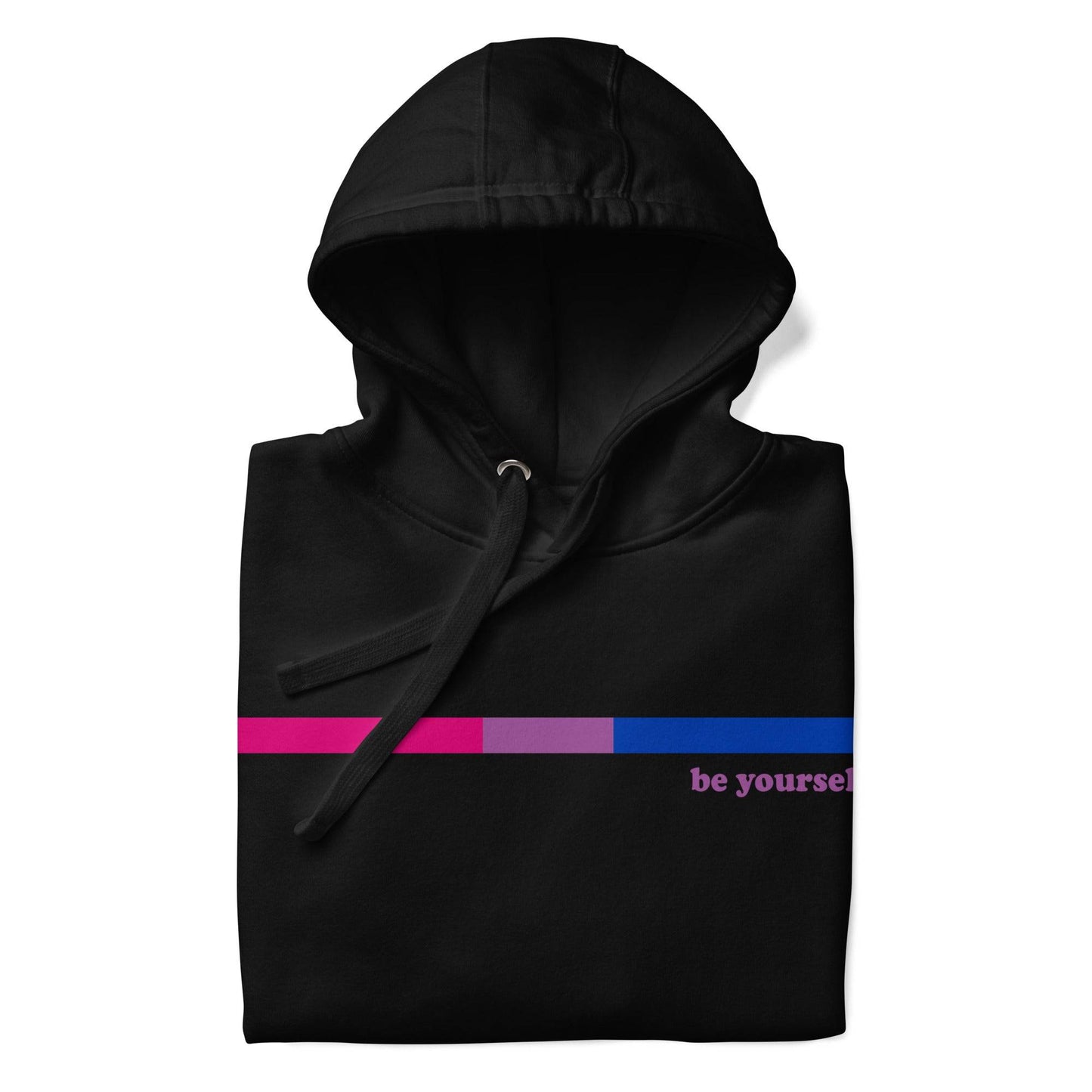 The Bisexual Hoodie by Pridelity features a minimalist design on a black background, showcasing a small horizontal bar in shades of pink, purple, and blue on the chest. Next to the bar, the subtle text "be yourself" elegantly celebrates Pride with style.
