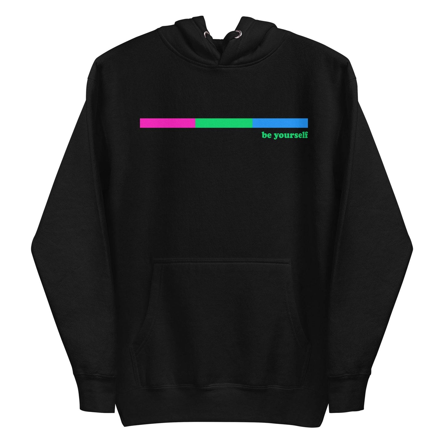Introducing the Polysexual Hoodie by Pridelity: This black hoodie combines comfort and style with its front pocket and drawstring hood. It features a design inspired by pride shirts, showcasing a horizontal bar shaded pink and green on one side, accompanied by the phrase "be yourself" in green text on the right.