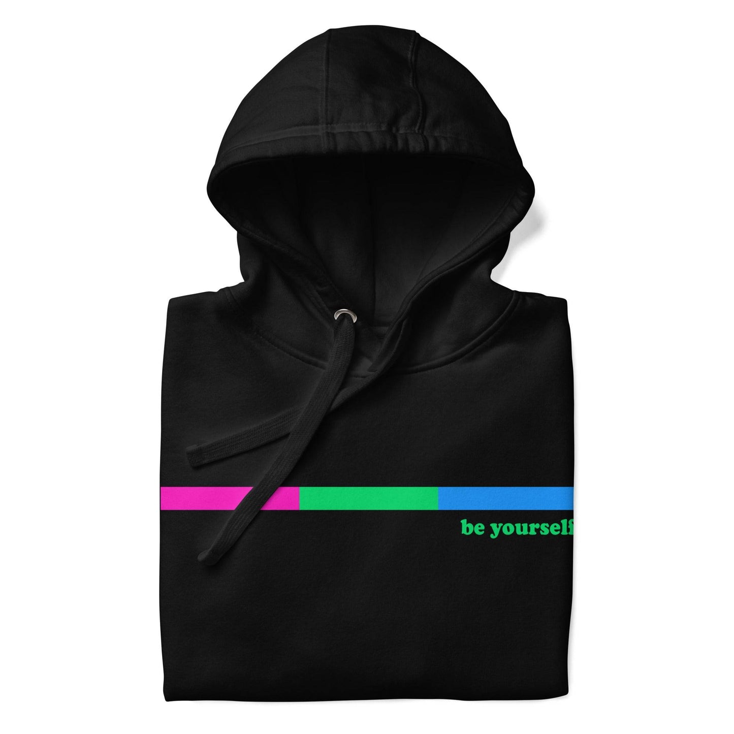 Introducing the Polysexual Hoodie by Pridelity: This black hoodie combines comfort and style with its front pocket and drawstring hood. It features a design inspired by pride shirts, showcasing a horizontal bar shaded pink and green on one side, accompanied by the phrase "be yourself" in green text on the right.