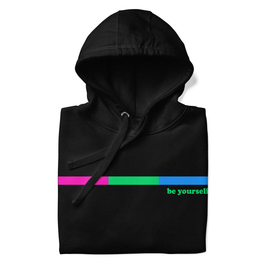 Introducing the Polysexual Hoodie by Pridelity: This black hoodie combines comfort and style with its front pocket and drawstring hood. It features a design inspired by pride shirts, showcasing a horizontal bar shaded pink and green on one side, accompanied by the phrase "be yourself" in green text on the right.