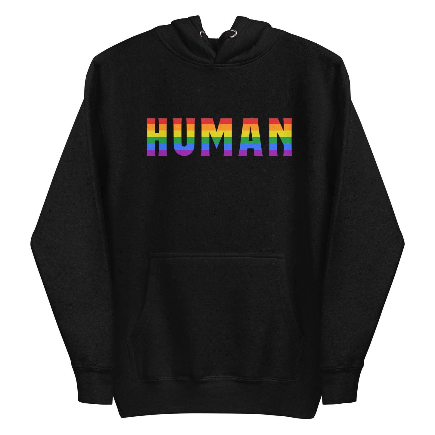 A folded Human Hoodie by Pridelity, featuring the word "HUMAN" prominently displayed in bold, rainbow-colored letters on the front. The black pride hoodie has its hood up, with untied drawstrings resting on the fabric.