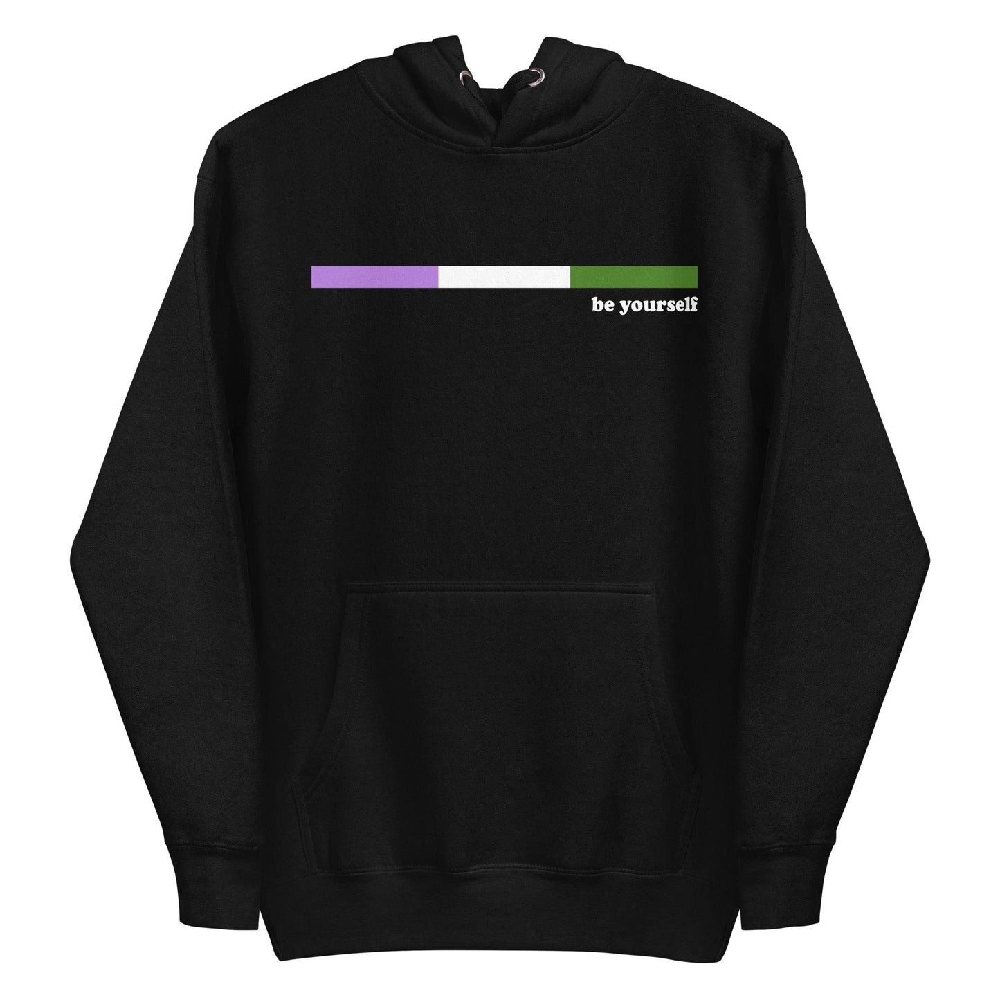 The Genderqueer Hoodie by Pridelity showcases a purple design with a genderfluid pride flag on the chest. Displaying the phrase "be yourself" in white next to the flag, it includes a front pocket and drawstring hood, making it ideal for expressing your true self in style.