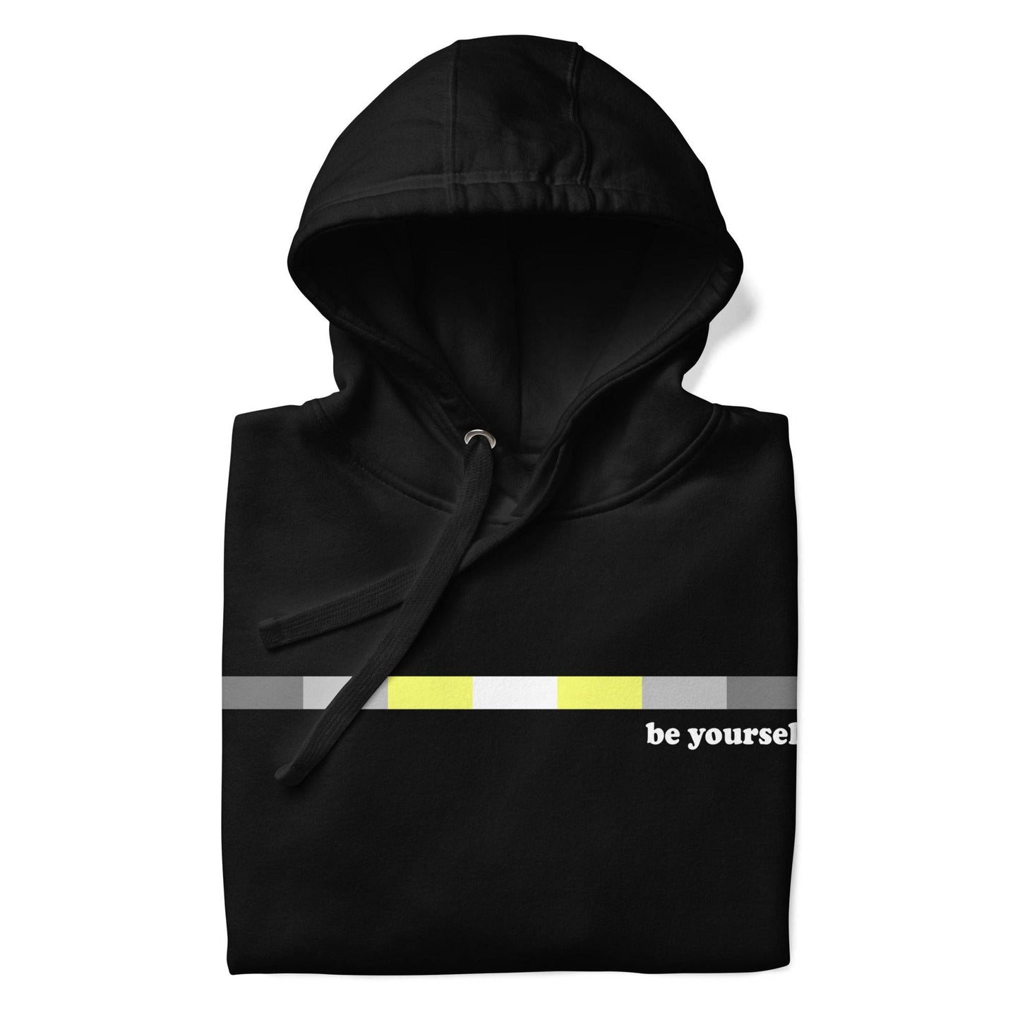 Introducing the Demigender Hoodie by Pridelity: a black pride hoodie showcasing a horizontal progress bar design in gray, yellow, and black shades. The text "be yourself" is prominently displayed beside the bar. The stylish and comfortable hoodie features a front pocket and drawstring hood.
