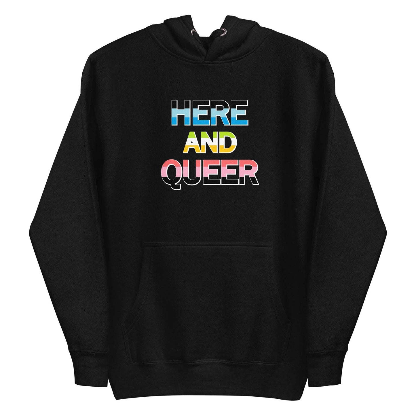 Team Royal "Here And Queer" hoodie by Pridelity, featuring rainbow gradient text on the front.