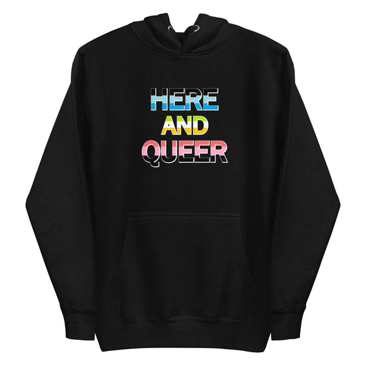 Team Royal "Here And Queer" hoodie by Pridelity, featuring rainbow gradient text on the front.