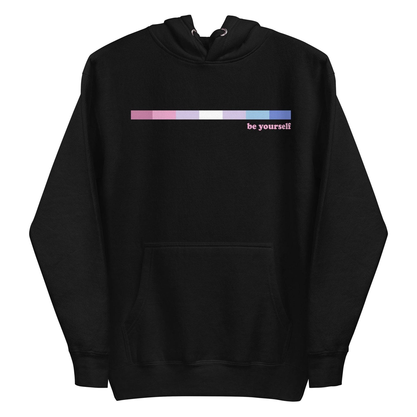 Introducing the Bigender Hoodie from Pridelity's Pride Collections, available in maroon. This hoodie showcases a front pocket and a beautiful horizontal gradient in pink and purple shades, with the phrase "be yourself" elegantly displayed in white on the right side of the chest.