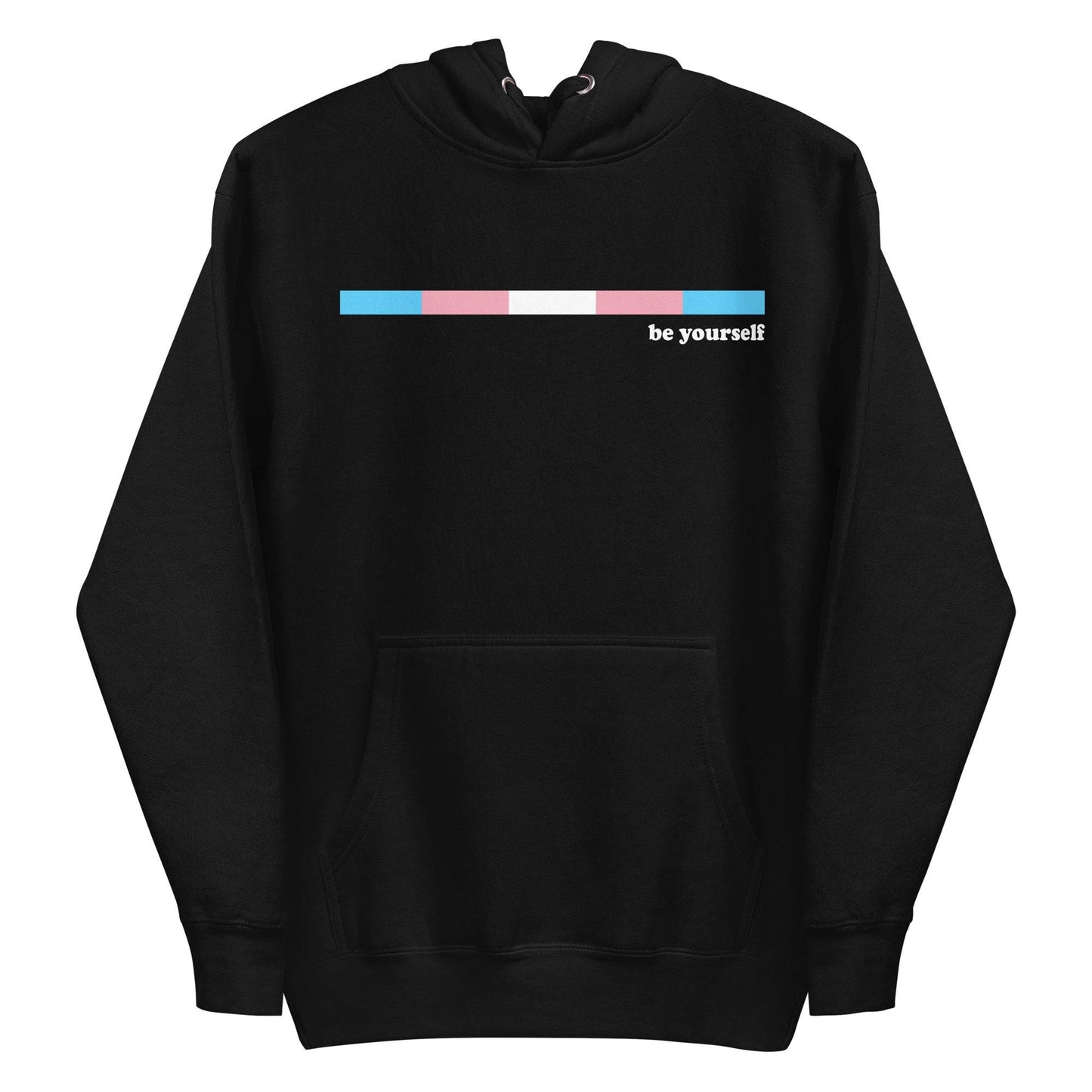 Celebrate your LGBTQ+ pride with Pridelity's Trans Hoodie in Team Royal. This stylish hoodie features a front pocket and a thin horizontal gradient bar of blue, pink, and white. Next to it, you'll find the empowering message "be yourself" printed in crisp white.
