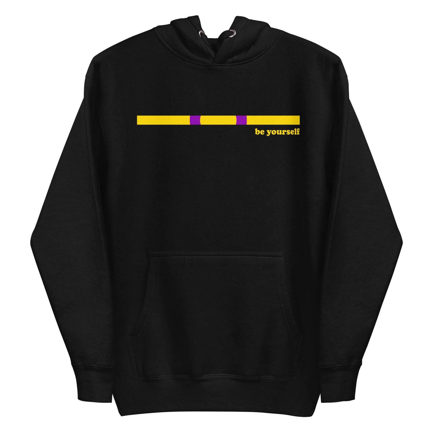 The Intersex Hoodie by Pridelity, in black, features a horizontal yellow and purple bar above the chest with "be yourself" in yellow on the right. It includes a front pocket and drawstring hood, offering a comfortable yet empowering style.