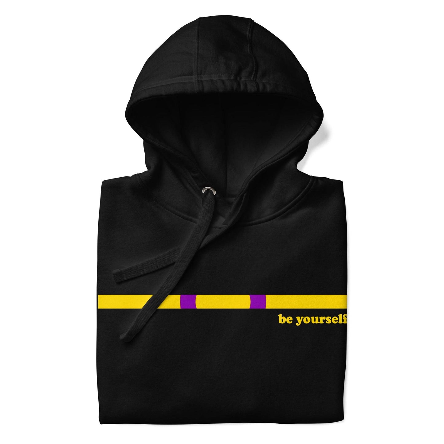 The Intersex Hoodie by Pridelity, in black, features a horizontal yellow and purple bar above the chest with "be yourself" in yellow on the right. It includes a front pocket and drawstring hood, offering a comfortable yet empowering style.
