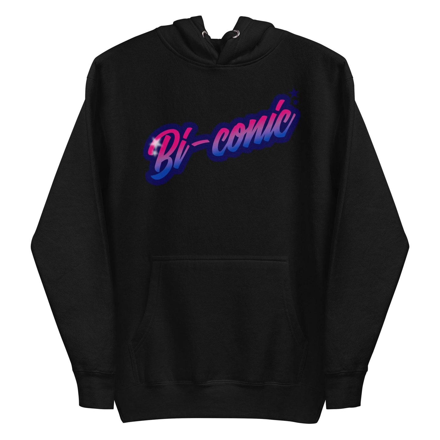 Pridelity's Bi-Conic Hoodie from our Pride Merch collection showcases the word "Bi-conic" in bold, stylized text on the front. The gradient text fades from pink to white, outlined with a dark border and highlighted by subtle stars. This blue hoodie also features a handy front pocket.