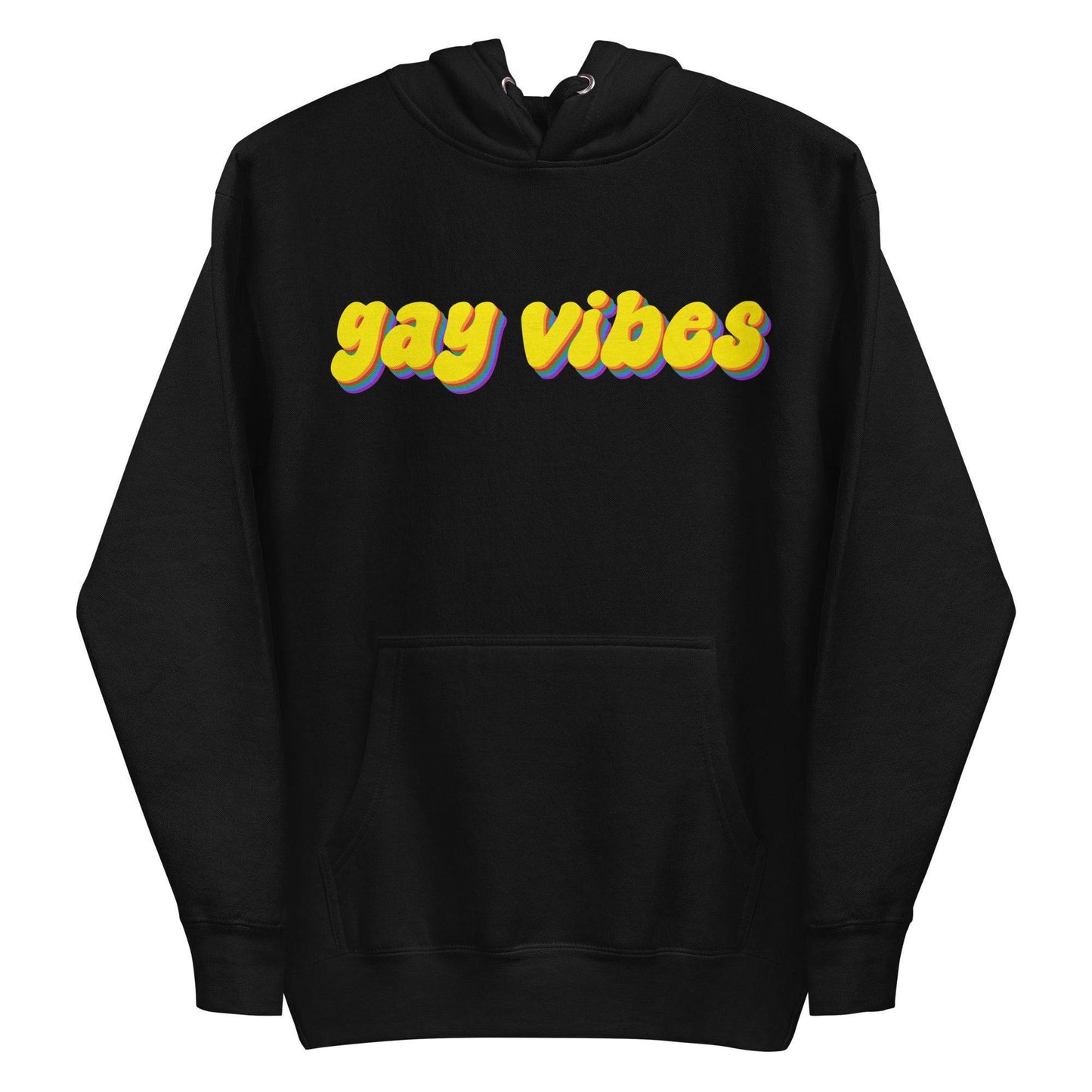 A Carbon Grey Gay Vibes Hoodie by Pridelity features the phrase "gay vibes" displayed in bold, colorful 3D-style yellow and purple text across the chest.