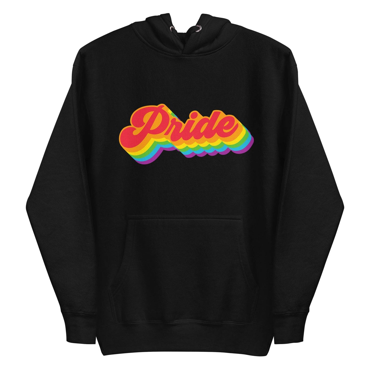 Presenting the Pride Hoodie from Pridelity, this standout piece features "Pride" in bold, colorful 3D-style letters with a striking rainbow gradient effect on its white fabric, proudly showcasing its vibrant design front and center.
