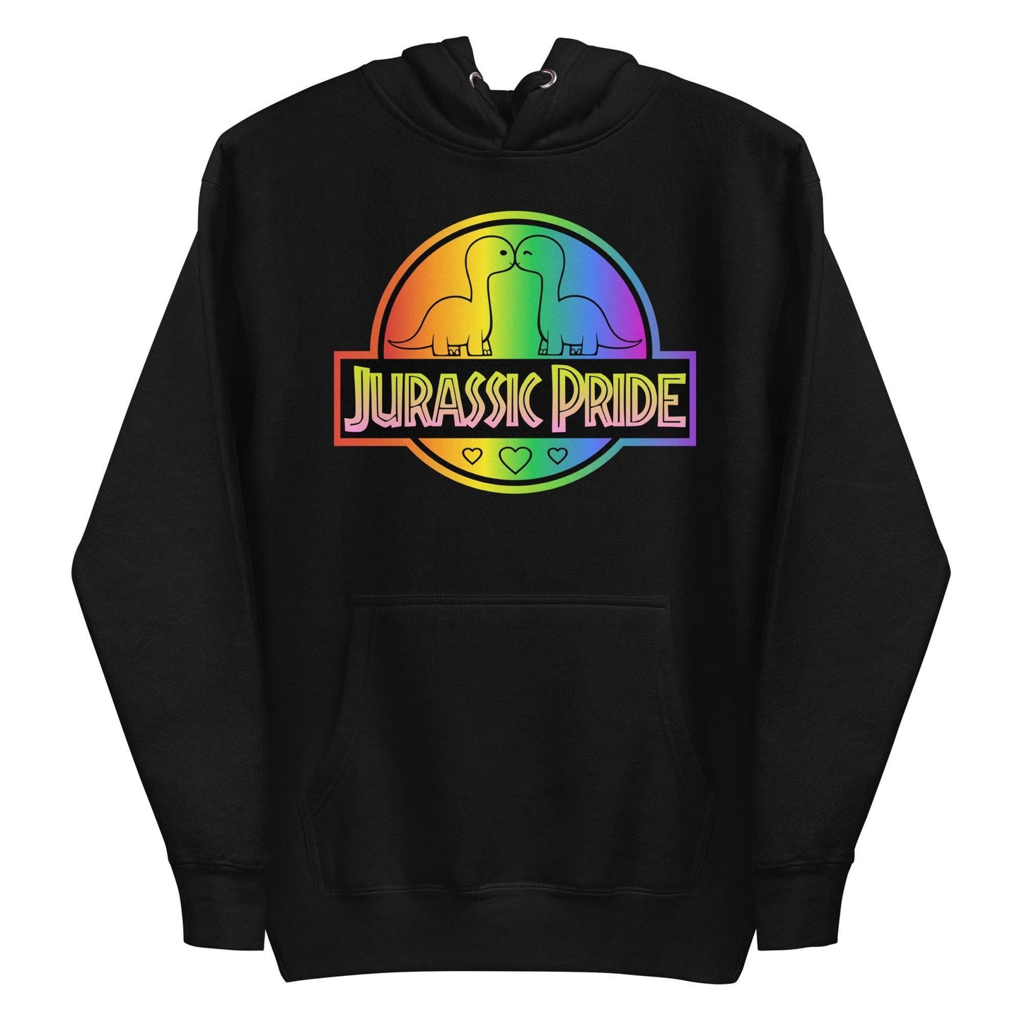 The Jurassic Pride Hoodie by Pridelity showcases a vibrant design featuring two cartoon dinosaurs facing each other inside a rainbow circle. The bold "Jurassic Pride" text beneath them, along with heart motifs, ensures it stands out among pride shirts.
