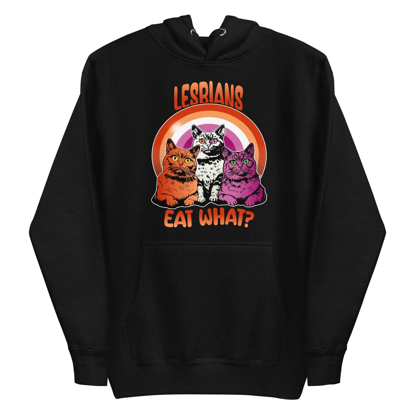 The maroon "Lesbians Eat What?" hoodie from Pridelity features three vibrant cats set against a rainbow background. The word "Lesbians" is prominently displayed above, with the humorous phrase "Eat What?" boldly written below, making it an ideal pride garment for those who want to express their style and humor.