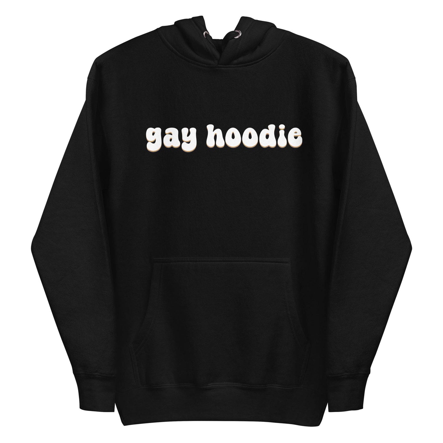 Introducing the Gay Hoodie by Pridelity: A black pride hoodie featuring cream-colored text with the phrase "gay hoodie" on the front. Designed for comfort and style, it includes a front pocket and drawstrings.