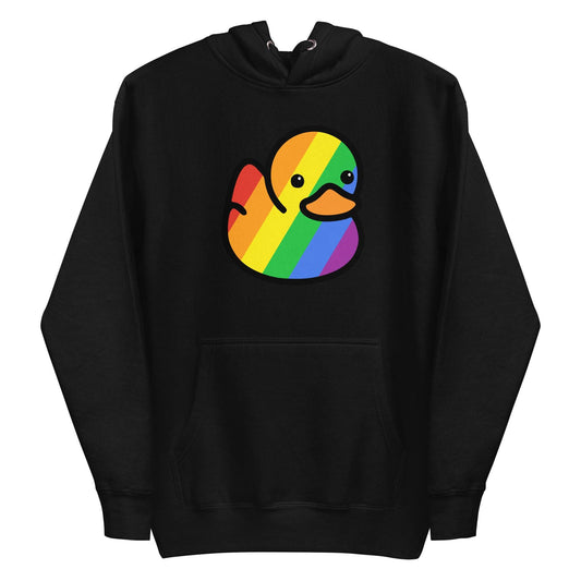 The Pride Duck Hoodie by Pridelity beautifully captures the essence of pride with a cartoon duck adorned in a vibrant rainbow pattern. The simple and cute expression of the duck adds an extra touch of charm, while the white hoodie offers both comfort and style with its drawstring hood and front pocket, making it an ideal piece for your pride shirts collection.