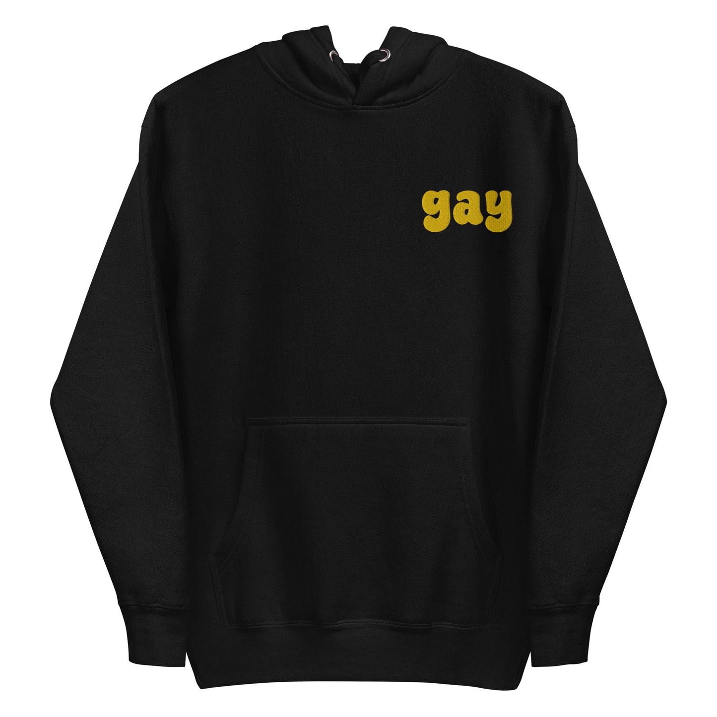 The Pridelity Gay Hoodie, featuring "gay" emblazoned in vibrant yellow text on the front, celebrates love and identity in a bold Team Royal color.