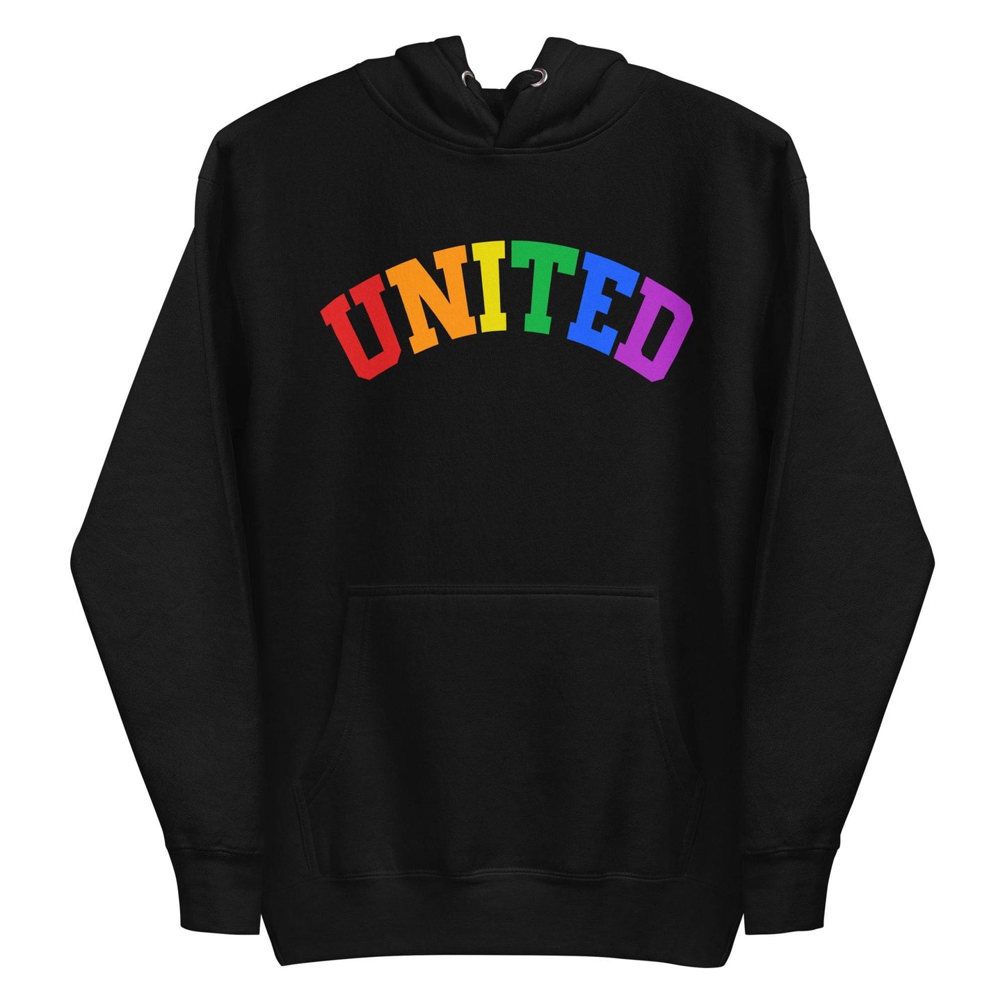 The United Hoodie by Pridelity, part of the Pride Collection, features "UNITED" in vibrant rainbow colors on the front to represent LGBTQ+ unity and diversity. It's expertly folded with the hood arranged on top.