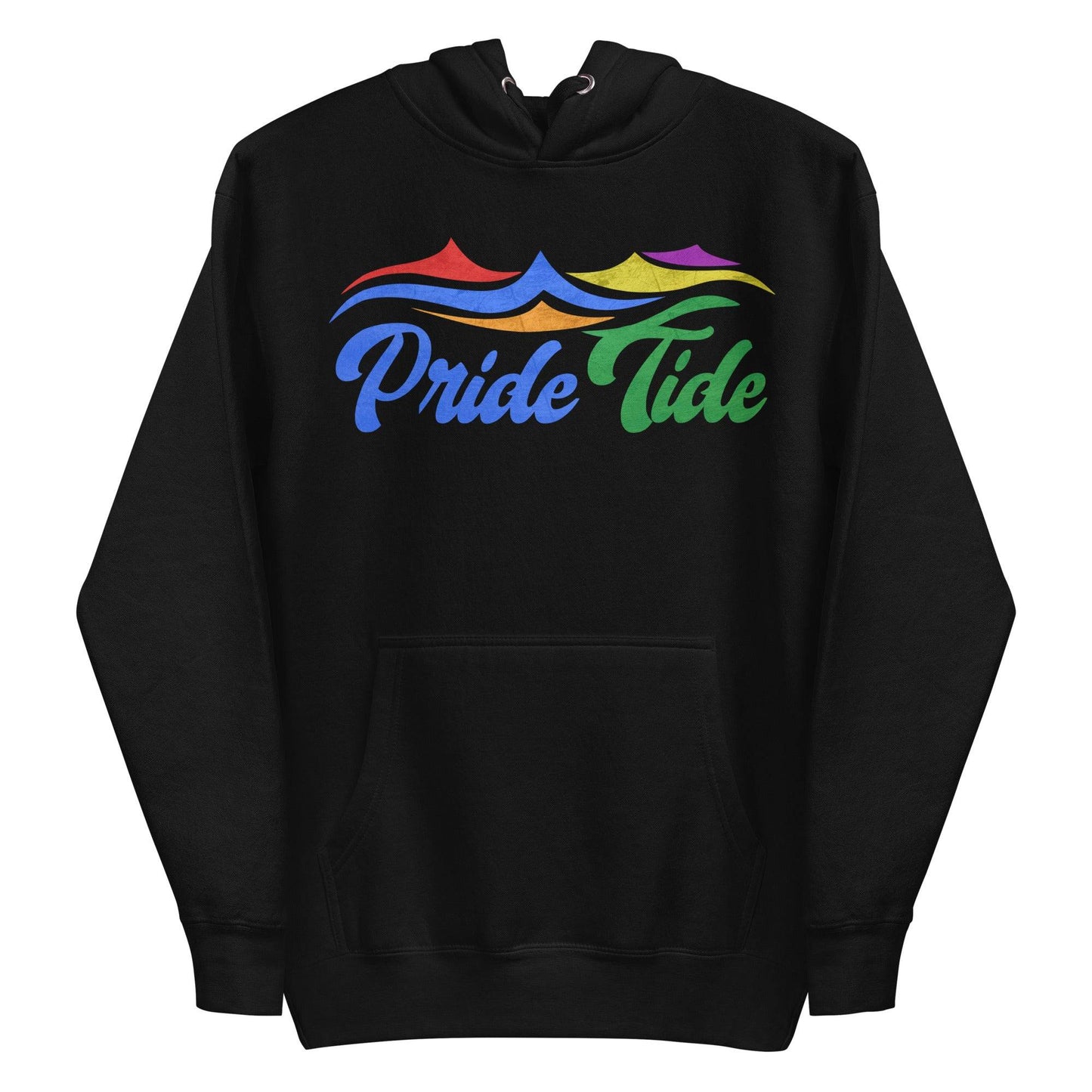 Experience the vibrant Pride Tide Hoodie by Pridelity, featuring a colorful wave design above "Pride Tide" in gradient rainbow colors on a sleek black canvas, symbolizing LGBTQ+ pride.