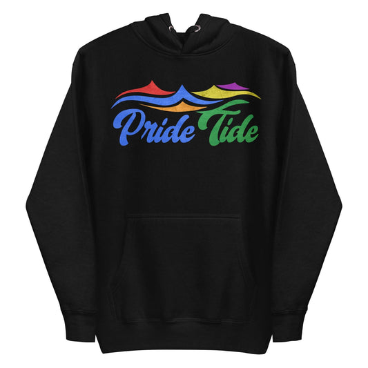 Experience the vibrant Pride Tide Hoodie by Pridelity, featuring a colorful wave design above "Pride Tide" in gradient rainbow colors on a sleek black canvas, symbolizing LGBTQ+ pride.