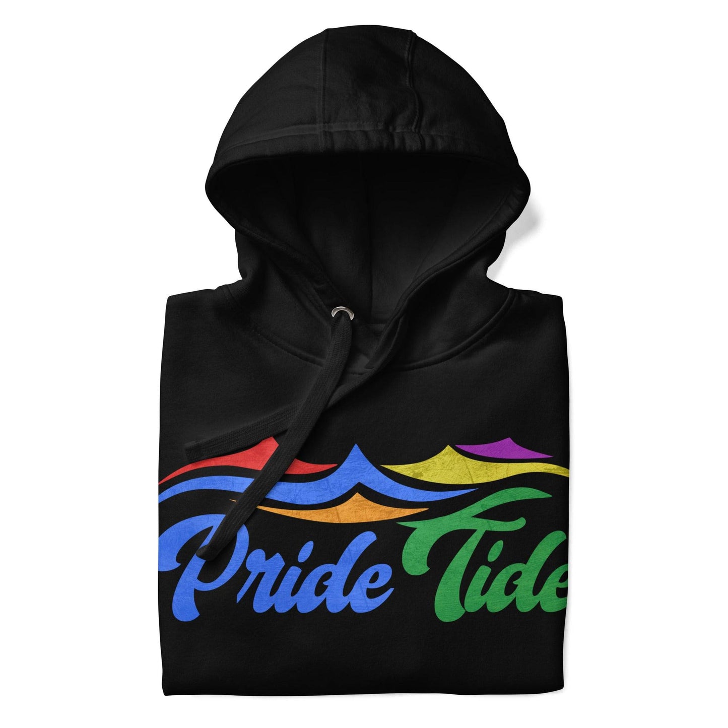 Experience the vibrant Pride Tide Hoodie by Pridelity, featuring a colorful wave design above "Pride Tide" in gradient rainbow colors on a sleek black canvas, symbolizing LGBTQ+ pride.