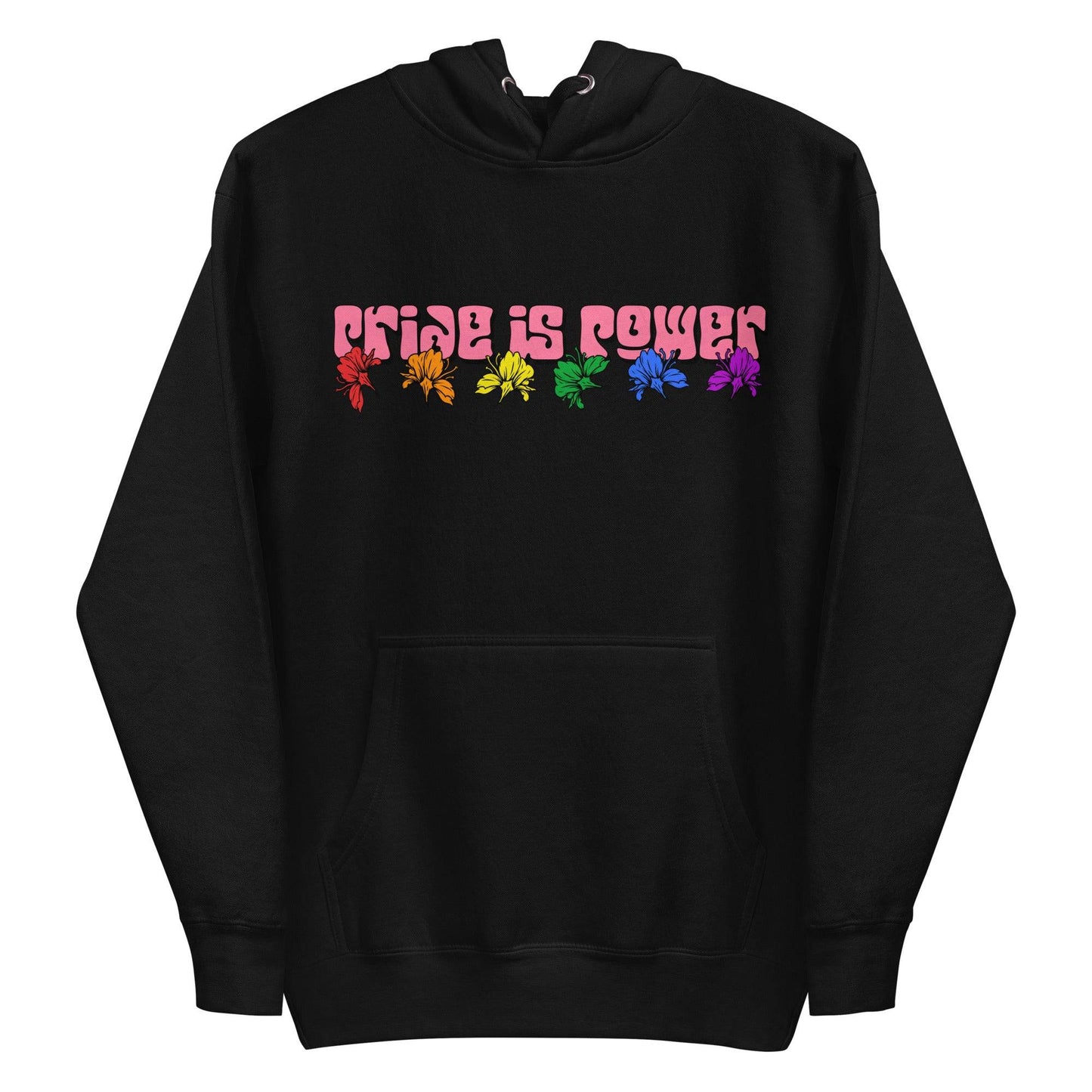 Introducing the "Pride Is Power Hoodie" by Pridelity: This white hoodie showcases the empowering message "Pride is Power" in bold, colorful letters above a vibrant rainbow row of leaves. It is a proud representation of diversity and inclusivity, perfectly complementing our pride shirts collection that celebrates unity.